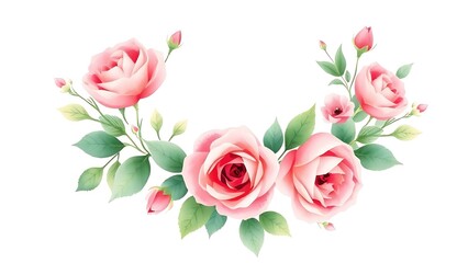 Fototapeta premium Watercolor floral wreath with pink roses, soft painted texture on a clean white background.