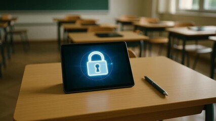 Tablet with glowing lock icon on wooden desk in empty classroom showing digital security technology for education data protection and safe online learning environment - Powered by Adobe