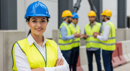 Smiling female engineer in a blue hard hat and safety vest, with her arms crossed, confidently standing on a construction site