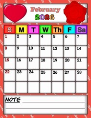 Calendar 2026 for February , Sunday to Saturday, date on white blank, Decorate with heart  and rose , red background	