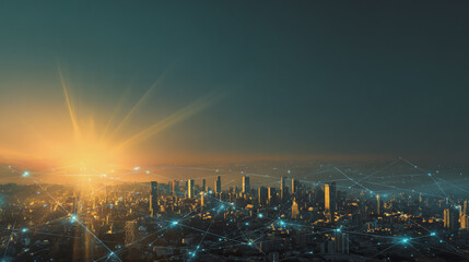 Obraz premium Sunshinea city of modern business and smart digital innovation with a network of interconnected rewards over the cityscape of the future smart wireless digital city and social media network