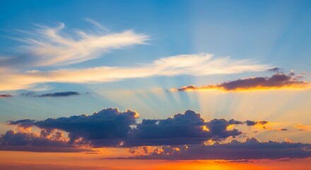 Fototapeta premium Dramatic Sunset Sky with Clouds and Sun Rays.