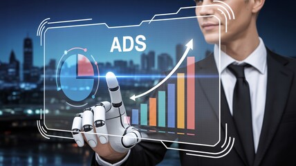 Businessman uses AI robot hand to analyze rising advertising analytics data on futuristic interface