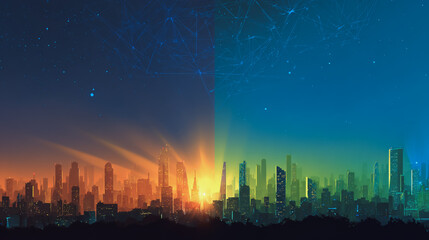 Fototapeta premium Sunshinea city of modern business and smart digital innovation with a network of interconnected rewards over the cityscape of the future smart wireless digital city and social media network