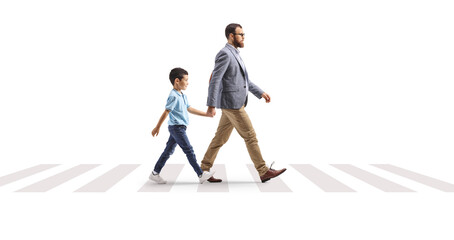 Father and son crossing street together and holding hands