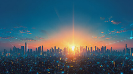 Sunshinea city of modern business and smart digital innovation with a network of interconnected rewards over the cityscape of the future smart wireless digital city and social media network