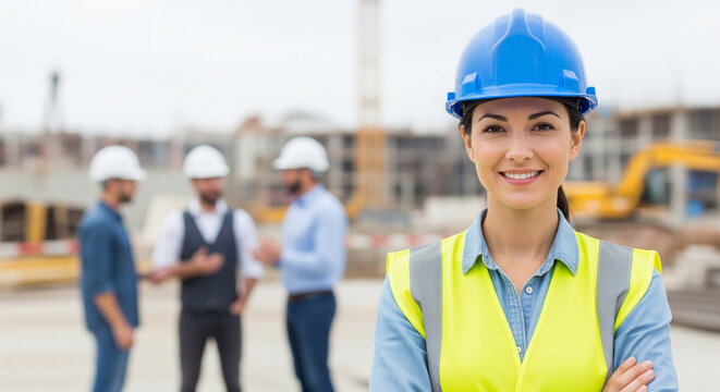 Confident, smiling female engineer in a blue hard hat and safety vest, with her arms crossed, standing on a construction site