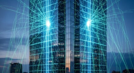 Futuristic Building Connection Network With Glowing Lines