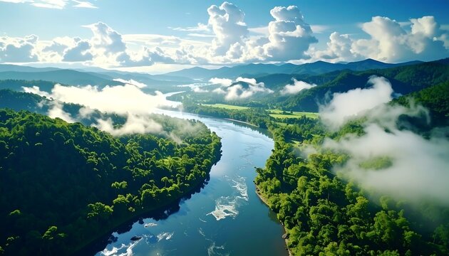 Aerial View of Serpentine River Flowing Through Lush Green Forest.