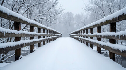 Snowy, wooden bridge in a winter day. Stare Juchy, Poland