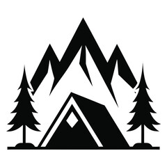 Obraz premium Black Silhouette Icon of a Tent Nestled Between Mountains and Pine Trees on a White Background