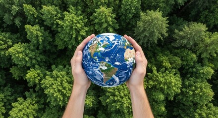 Human hands holding Earth globe on natural green forest background, Symbol of environmental preservation, symbolic representation of caring for the planet