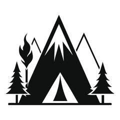 Obraz premium Black silhouette of a large tent with mountains, a campfire, and pine trees Keywords: camping, tent, mountain, mountains, campfire, fire, flame, trees, pine trees, forest, outdoor, nature