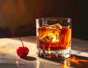 A detailed still life painting, featuring a glass of amber cocktail, ice cubes, and a single, vibrant cherry, bathed in warm, diffused light.