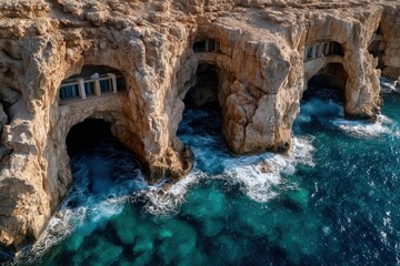 Stunning Coastal Cliffs with Unique Cavernous Windows Over Water