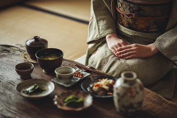 Traditional Japanese Meal ith Kimono Attire
