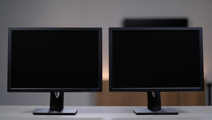 Two blank computer monitors side by side on a desk in a dimly lit room