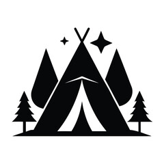 Black Silhouette of a Teepee Tent Surrounded by Pine Trees and Stars camping wilderness