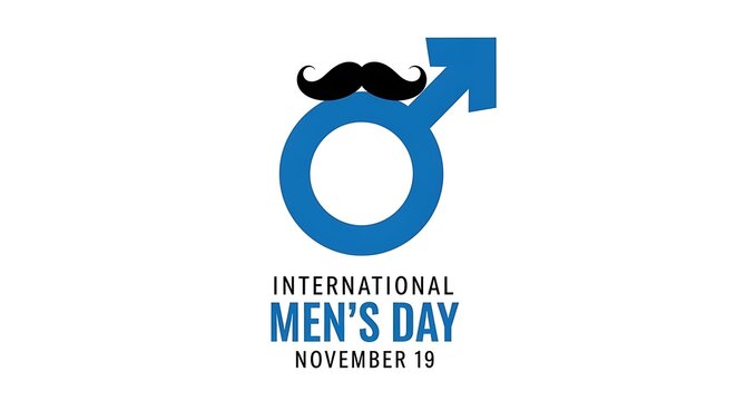 International mens day symbol, a blue mars symbol with a mustache, on a white background