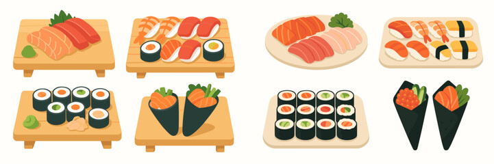 Collection of various Japanese sushi, sashimi, and maki rolls presented on traditional wooden serving boards © Alan