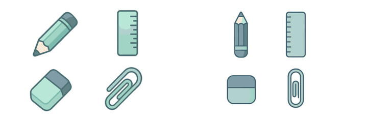 Collection of school and office supplies including pencils, rulers, erasers, and paper clips