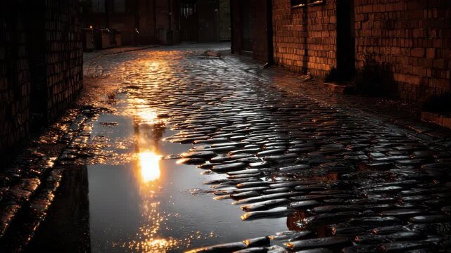 Dark Wet Cobblestone Street at Night with Reflections of Warm Light on Brick Walls in a Dimly Lit Alley