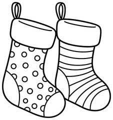 Christmas stockings vector illustration featuring two patterned socks decorated with polka dots and stripes drawn in clean black line art style for holiday design projects