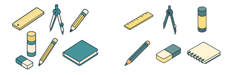 Isometric collection of essential school and office supplies featuring ruler compass pencil eraser book and glue stick