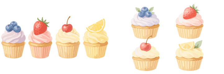 Assorted sweet cupcakes with fruit toppings and creamy frosting