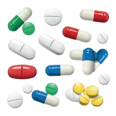 Various Pills and Capsules Scattered on White Background.