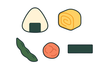Assortment of traditional Japanese food items including onigiri, tamagoyaki, edamame, and umeboshi