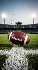 American Football Hovers Over the Yard Line in a Stadium.