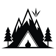 Fototapeta premium Black Silhouette of a Tent with Mountains, Pine Trees, and a Campfire Icon Keywords: camping, tent, mountains, pine trees, campfire, silhouette, outdoor, adventure, nature, travel, wilderness