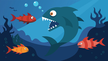 Dramatic underwater battle scene big shark chasing small fish vector illustration eps