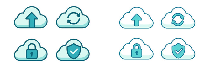 Cloud computing icons for data management, storage, upload, sync, security, and protection services