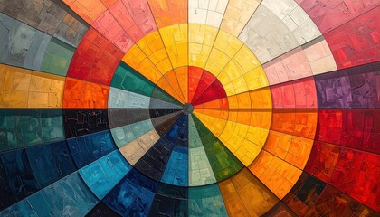 Obraz premium Vibrant, multicolored design with radial patterns radiates from a central point, showcasing a spectrum of hues.