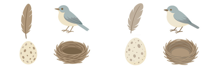 Obraz premium Charming blue birds, natural speckled eggs, soft brown feathers, and cozy empty bird nests for spring and nature themes