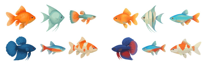 Collection of diverse freshwater aquarium fish species including goldfish angelfish guppy betta and neon tetra