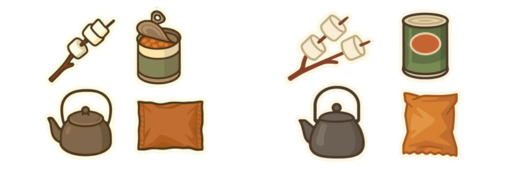 Outdoor adventure cooking essentials: roasted marshmallows, canned beans, camping kettle, dehydrated meal