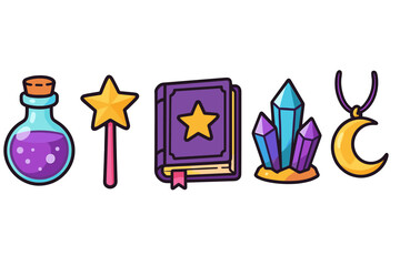 Magical objects collection: potion bottle, wand, spellbook, crystals, and moon pendant