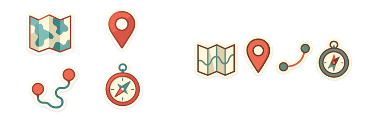 Collection of travel and navigation icons including maps, compasses, and location pins