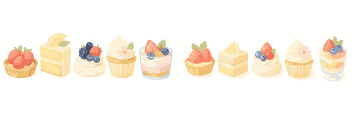 Delicious assortment of sweet desserts, pastries, and baked goods, beautifully adorned with fresh berries and fruit slices
