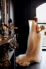 bride in lavender fluffy wedding dress in bright studio