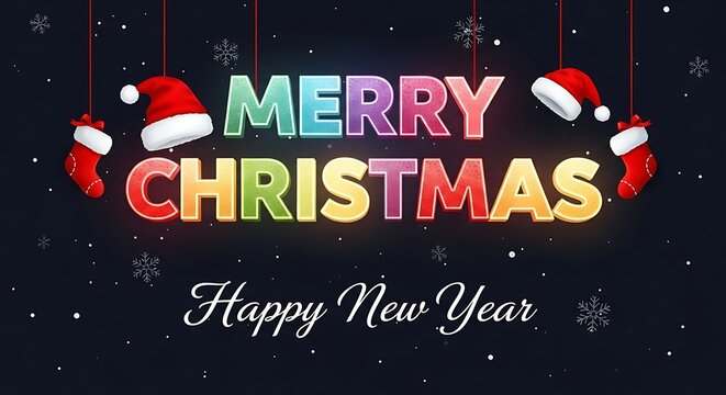 Merry christmas and happy new year greeting with colorful text, santa hats, stockings, and snowflakes on a dark background