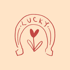 Lucky You Logo Horseshoe Lettering Sign Floral Illustration with Psychedelic Vibe Boho Vector Clip-art Ornate Illustrated Print