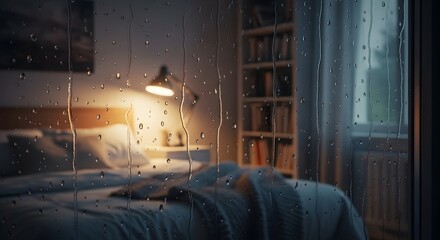 Cozy Bedroom View Through a RainStreaked Window at Night.