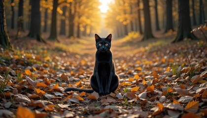 Majestic Black Cat in Autumn Forest Path