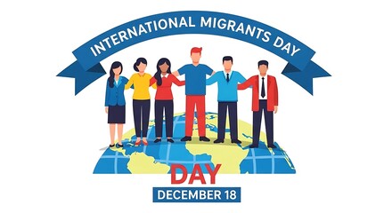 International migrants day december 18th with diverse people standing on world map, isolated on white background