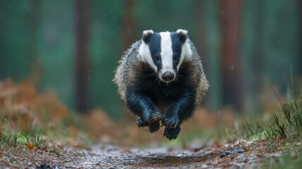 Badger Dash in Rainy Woodland, Vibrant Mammal Amidst Natures Majesty Great for Lifestyle Campaigns, Inspires a Sense of Adventure and Connection with Nature.