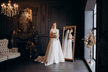 bride in lavender fluffy wedding dress in bright studio